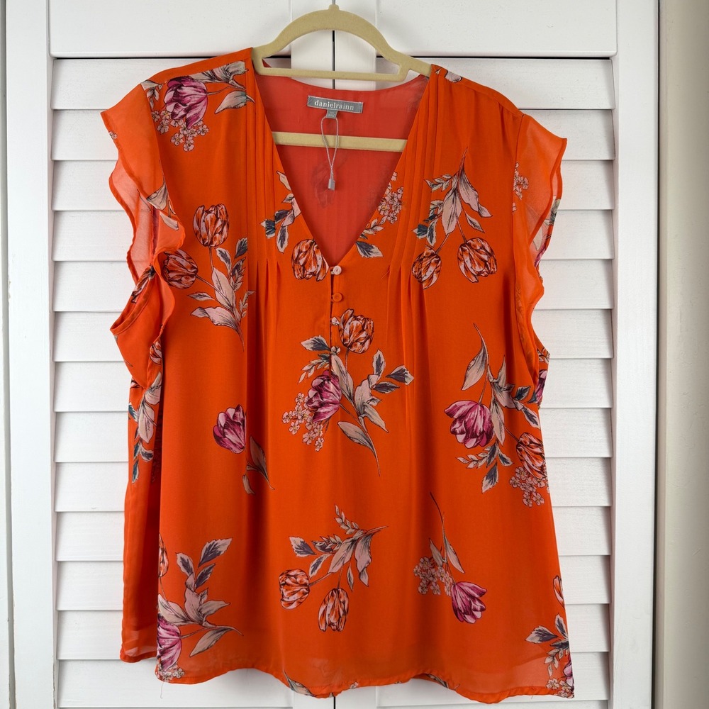 Daniel Rainn Floral Flutter Sleeve Blouse Women XXL Orange NEW - Picture 15 of 15